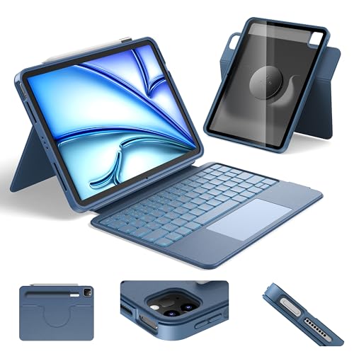 HOU iPad キーボード付きケース for iPad Air 7 (M3) 11インチ 2025 /Air 6 M2/5/4世代 & iPad Pro 11(第4/第3/第2/第1世代)磁気分離式ケース キーボード、大型高精度タッチパッド搭載、横置き/縦置き対応 弾性ペンホルダー 独立ショートカットキー 全面保護 日本語配列 (群青色)