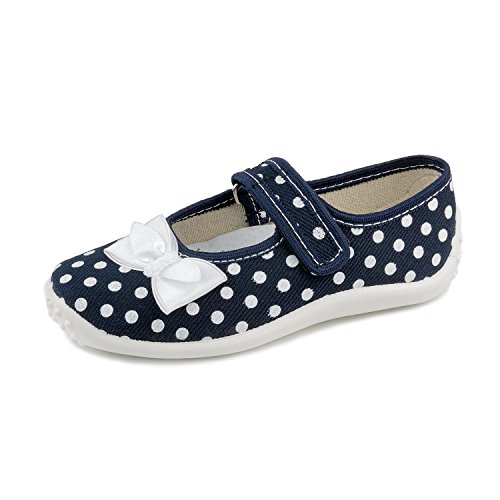 Julia 5947 Little Girls' Polka Dots Navy Blue Hook-and-Loop Natural Canvas Mary Jane Flat