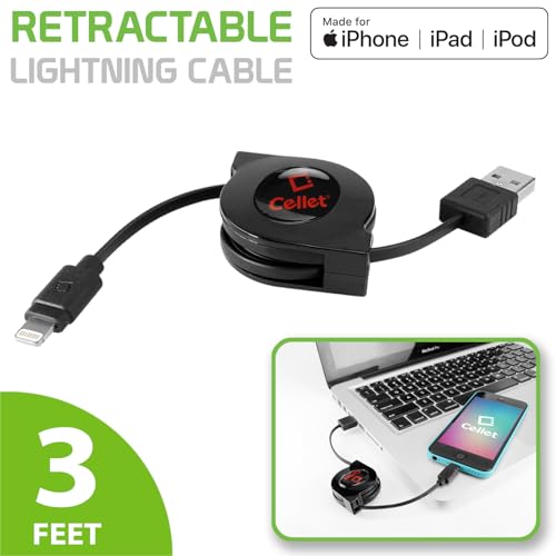 Image of Charging and Data Sync Cable for iPhone 7, 7 Plus and Other Lightning Devices - Lightning 8 Pin to USB - Retractable - Apple Certified - by Cellet - Black