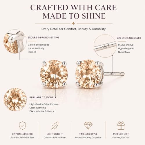 925 Sterling Silver Champagne CZ Stud Earrings for Women Birthstone Jewelry - image 4