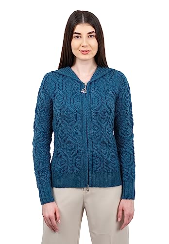 Image of SAOL Women's Hooded Zip Cardigan - Pure Merino Wool Irish Sweater - Warm & Breathable Outer Layer