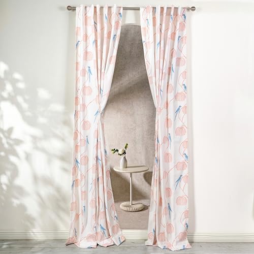 Image of Tranquebar Curtain Co. Window Curtains 5 Feet, 60-65% Room Darkening,Peach-Blue Bird Print, Cotton Curtains for Window, Cotton Curtains 5 Feet Long Set of 2,BackTab Loops,Mithu (152 cm)- Set of 2