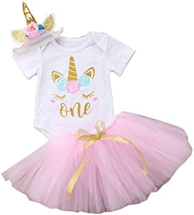 3PCS Unicorn Outfit Newborn Baby Girls 1st Birthday Romper + Tutu Skirt Dress + Headband Clothing Set