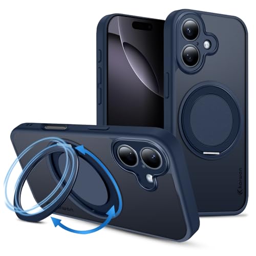 Image of KARWAN Tough Shockproof Armor Back Case Cover Compatible with iPhone 16 with 360 Degree Rotation Magnetic Attraction Ring Holder Heavy Duty Rugged Cover with Magnetic MagEase Wireless Charging (Blue)