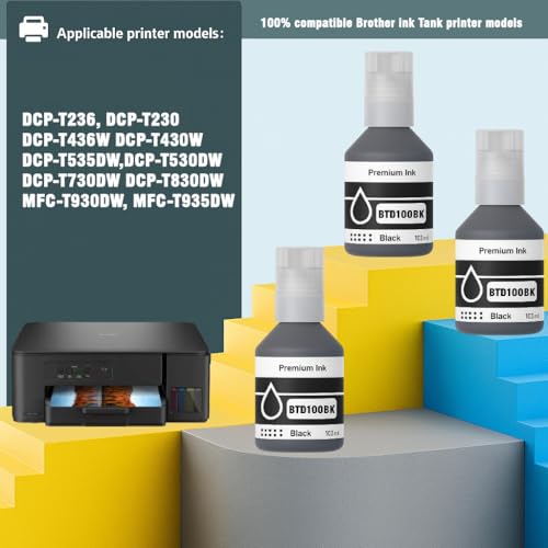 Image of KOSH BTD100 Refill Ink Compatible with Brother DCP-T236,DCP-T230, DCP-T436W, DCP-T430W, DCP-T535DW, DCP-T530DW, DCP-T730DW, DCP-T830DW, MFC-T930DW Printers
