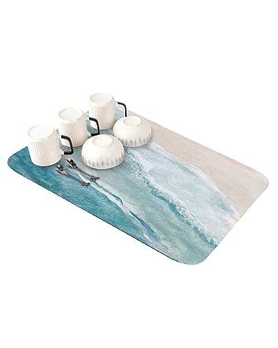 Tapetes de secado de platos de playa de verano para encimera de cocina/baño/fregadero, tapete absorbente de secado de botellas costero oceánico, tapete escurridor de platos beige aguamarina