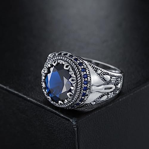 Sapphire Ring for Men S925 Sterling Silver Blue Sapphire Rings Men Vintage Pattern Sapphire Mens Sapphire Silver Ring Ottoman Style Ring Handmade for Men’s Ring Jewelry Gift Size 4-16(Parent)2
