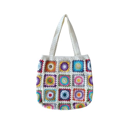 yarn e-verse Granny Square Crochet Handbag, Shoulder Handbag, Tote Handbag, Afghan Bag, Retro floral Shoulder Bag, Boho style (Beige, Large)