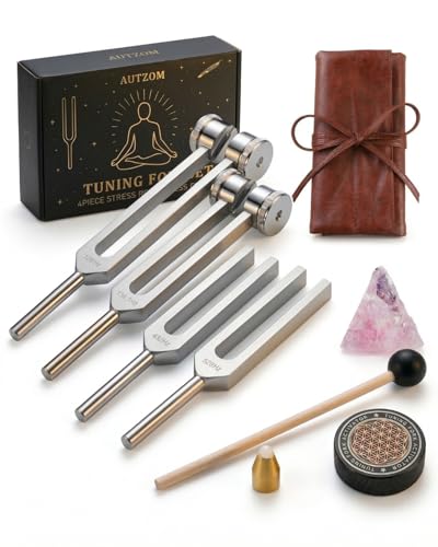 Tuning Forks for Healing Set - 128Hz 136.1Hz 256Hz 384Hz for Stress Relief Anxiety & Sleep Healing Crystal Stone - Zen Tools Mindfulness Yoga Accessories - Spiritual Gift