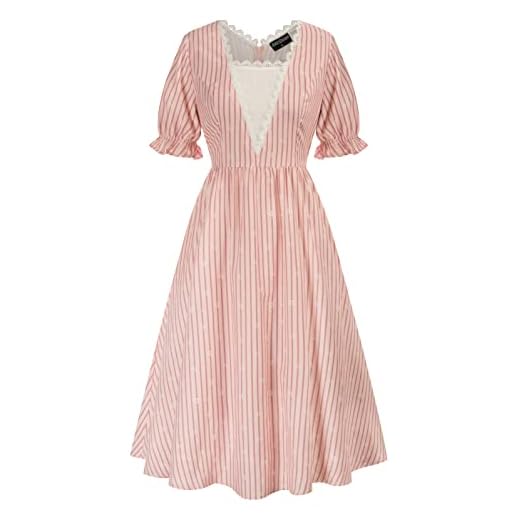 Damrenässansklänning 3/4 ärm bomullsklänning med fyrkantig krage A-linjeformad klänning, Rosa blommor #189, XL