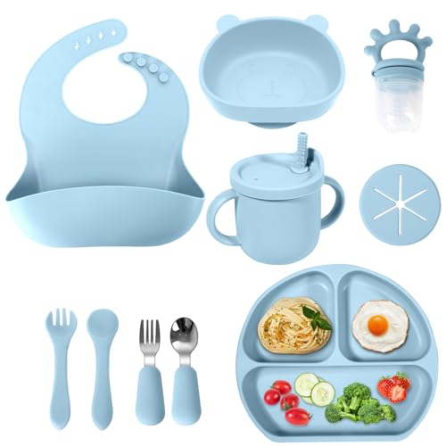 Image of Silicone Baby Feeding Set | Baby Led Weaning Supplies | Toddler Self Feeding Dish Set with Suction Bowl, Divided Plate,Sippy Cup Spoons Forks Teether and Adjustable Bib, Eating Utensils for 6+Months