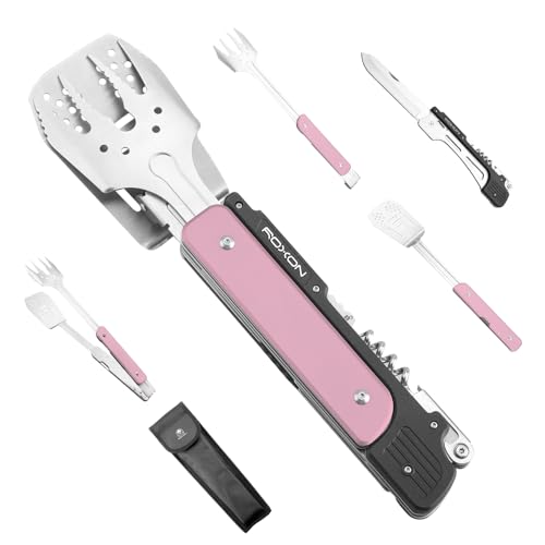 Image of ROXON S601 14 inch 6 in 1 MBT3 Folding Grill Utensils Set Fork Spatula Grilling Knife Tongs Opener for Backyard Barbecue and Camping (Pink)