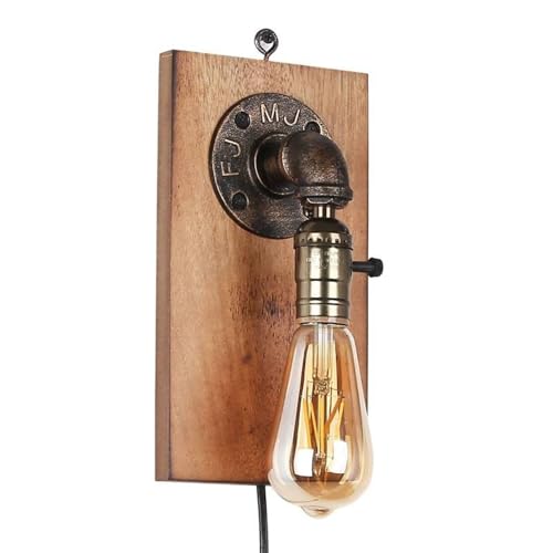 BARCELONA LED Vintage Wandleuchte Holz und Metall Industrial Retro Rohrdesign mit schwarzem Kabel Schalter E27 Nachttischlampe Leselampe Schlafzimmer Wohnzimmer Loft Deko Modern Klassisch