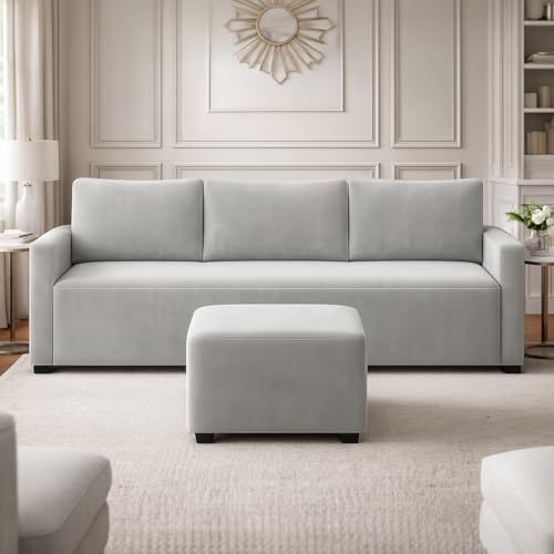 Image of FURNY Merisa Fabric 4 Seater L Shape Sofa Set 3 Seater Modern Sofa Set & Ottoman for Living Room (Light Grey) | Durable Comfort | Modern Design | Ideal for Living Room