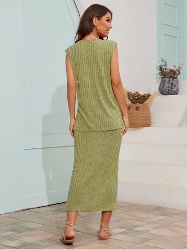 Womens 2 Piece Outfits 2024 Summer Sweater Skirt Sets Casual Sleeveless Ribbed Knit Tank Top Midi Skirt3