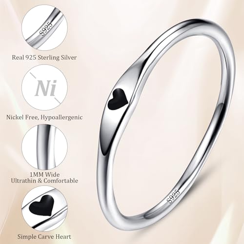925 Sterling Silver Heart Ring for Women, 1mm Ultra Thin 14K Plated Gold Hypoallergenic Wedding Band with Black/Yellow/Red/Blue/Pink Love, Promise Stack Travel Jewelry Gifts Size 5-103