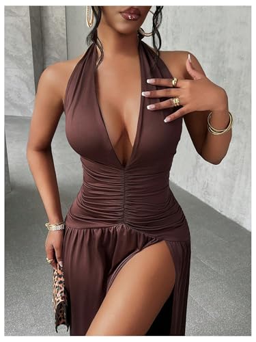 SweatyRocks Women's High Slit Ruched Sheer Sleeveless Low Cut Halter Maxi Dresses4