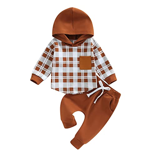 Image of Karuedoo Toddler Baby Boy Clothes Plaid Hoodie Sweatshirt Tops Jogger Pants 2 Piece Fall Winter Outfits Set (A Brown, 0-6 Months)