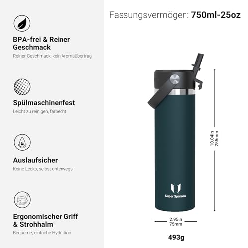 Sparrow Trinkflasche Edelstahl 750ml Thermosflasche mit Strohhalm Deckel – Ansicht 3