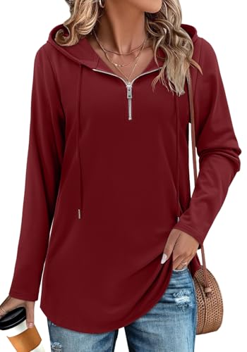BETTE BOUTIK Womens Quarter Zip Tunic Hoodies Pullover Long Hooded Sweatshirts S-3XL