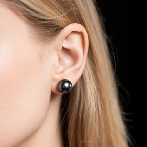 YAMI Saltwater Cultured Black Pearl Earrings, S925 Sterling Silver Earrings Stud White Gold Plated, Hypoallergenic Jewelry Gifts for Women and Men 6.0-10MM4