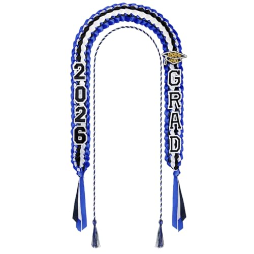 Image of Yigney Graduation Lei Set Class of 2026 Grad Ribbon Leis with Honor Cord Double Braided Graduate Leis for Men Women Blue Black White