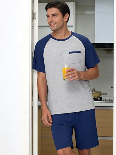 Image of Mens Pajamas Set Modal Soft Pajama Short Set Short Sleeve Pjs Sleepwear 2 Piece Lounge Set With Pockets S-3XL