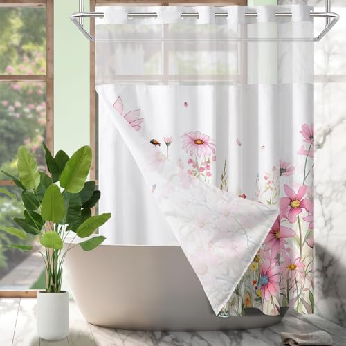 Rideau de douche imperméable avec doublure à clipser et maille transparente