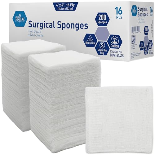 MED PRIDE All Cotton Non-Stick Bandage Supplies 4x4in Premium Quality Surgical Sponges 200 Pack 4'' x 4'', 16 ply–Gauze Pads Non sterile -First Aid Wound Care Dressing Sponge –Woven Medical Nonstick