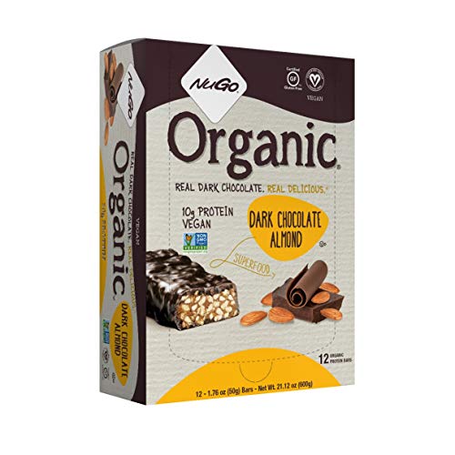 NuGo Organic Dark Chocolate Almond, 10g Vegan Protein, Gluten Free, 190 Calories, 12 Count