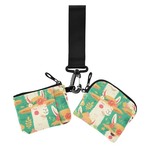 Summer Alpaca Green Fresh Women's Card Cases Change Holder Thin Flat Business Card Case Money Organizer with Zipper Coin Pocket for Woman 2 Pcs