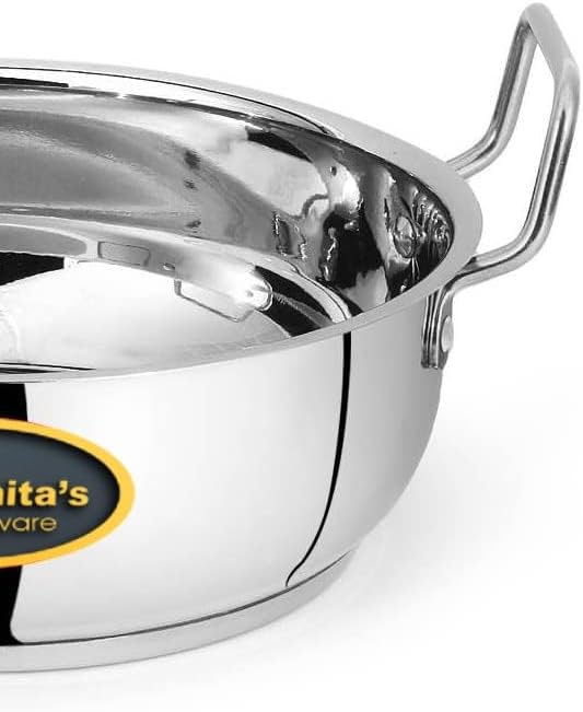 Kanshita's Rasoiware Heavy Gauge Stainless Steel Induction Bottom/Gas Stove-Friendly Kadai with Lid - 5 litres, Silver
