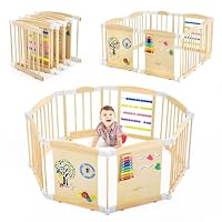 Wooden Playpen for Babies and Toddlers, Foldable Baby Playpen with Locking Gate, Adjustable Size & Shape Kid Play Yard