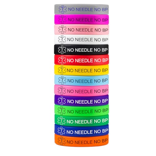 Silicone Emergency Wristband 14 Color Pack-No Needle No Bp on Right Arm Medical Alert Emergency Contact Bracelet Includes an Emergency Medical Card for Men & Women, 7.48"