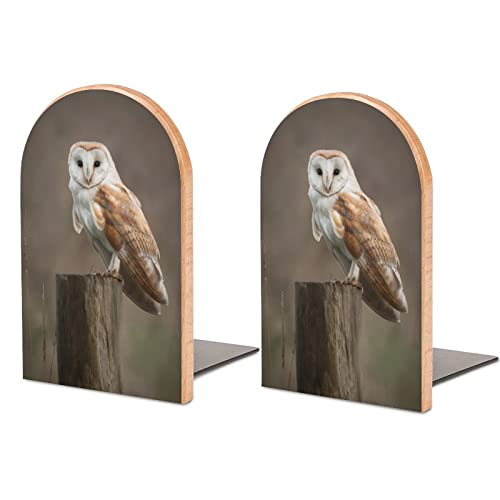 Barn Owl Perches on A Fence Small Wood Bookends Support Non-Slip Heavy Duty Shelves Book Stand for Office Home Kitchen Library