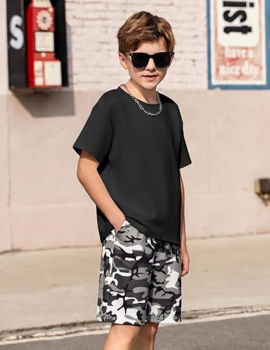 Image of Arshiner Boys Drop Shoulder T-Shirt & Drawstring Waist Shorts Summer Casual Outfits (5-12 Years)