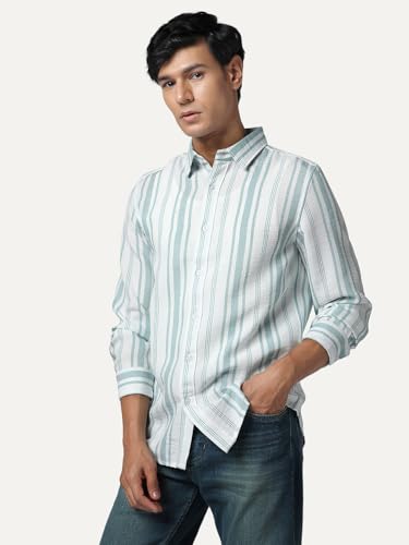 Image of Urbano Fashion Men's Cotton Full Sleeve Relaxed Fit Linen Striped Shirt with Spread Collar
