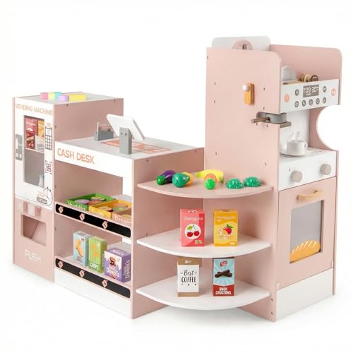 COSTWAY Pretend Play Shop Kids Supermarket Playset with Coffee Maker Vending Machine Cash Register Play Food Wooden Role Play Grocery Store for Children Ages 3+ (Pink)