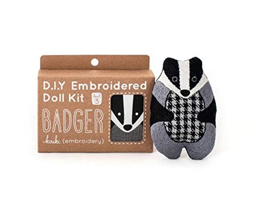Image of Kiriki Press DIY Embroidery Doll Kit - Skill Level 3 - Beginner to Advanced Embroidery Kits for Adults Teens (3 Skill Levels) Animal Embroidery Kit - Screen Printed Pattern (Badger - Level 3)