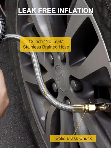 Image of AZUNO Heavy Duty Tire Pressure Gauge, Tire Inflator Gauge 230PSI Air Chuck Air Compressor Attachments, with Steel Braided Hose, Large 2.6 inch Glow Dial & Quick Connect Coupler, for Truck /Car /SUV /RV /Bike