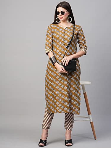 Image of GoSriKi Women's Cotton Blend Printed Straight Kurta With Pant