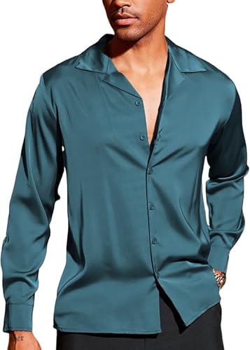 Image of CB-COLEBROOK Men Luxury Satin Silk Dress Shirt - Long Sleeve, Satin, Shiny Button Down, Prom, Wedding Party Shirt
