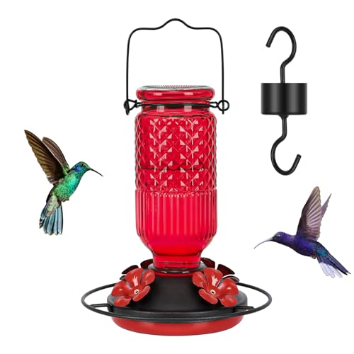 FEED GARDEN Glass Hummingbird Feeder for Outdoors Hanging, 16 OZ Humming Birds Feeders with 4 Bee Guard Feeding Ports & Built-in Ant Moat, Bird Feeder for Outside, Red