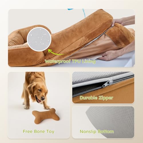 Image of CWAWZ Jumbo Dog Bed for Extra Large Dogs, Orthopedic Dog Bed with Cooling Gel Memory Foam, Waterproof Dog Bed with Removable Washable Cover, 45 inch Dog Sofa Couch Dutch Velvet with Bone Toy, Brown