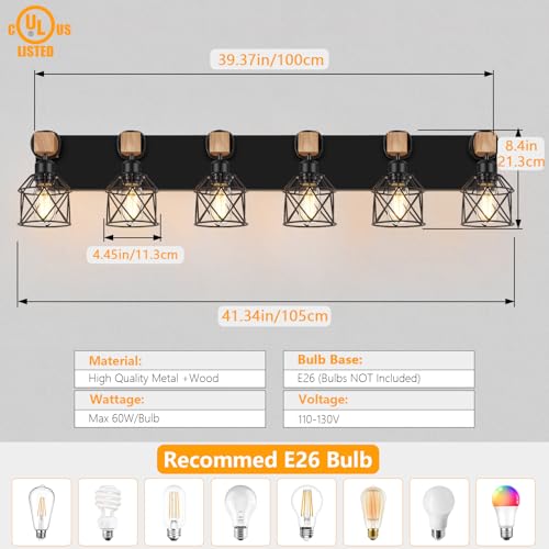Image of FadimiKoo 6-Light Farmhouse Bathroom Lighting Fixtures, Wood Black Vanity Lights Over Mirror, Rustic Wall Sconces Lighting with Metal Lampshade, Vintage Wall Lights for Bedroom, Living Room, Hallway