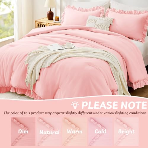Image of FUANNA Full Size Comforter Sets Pink, 3 Pieces Ruffle Full Size Bedding Sets, Fluffy Bed in a Bag Full for All Seasons, Shabby Chic Full Bed Set with 1 Lightweight Comforter & 2 Pillowshams