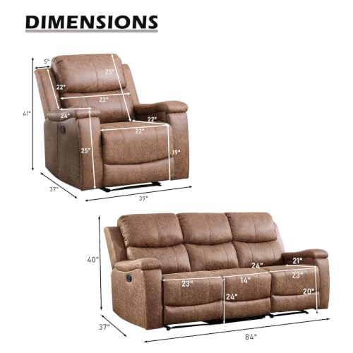 Image of CANMOV Faux Leather Manual Recliner Sofa Set, Manual Reclining Sofa and Recliner Chair with Concealed Cup Holders for Living Room,Bedroom Furniture,Nut Brown
