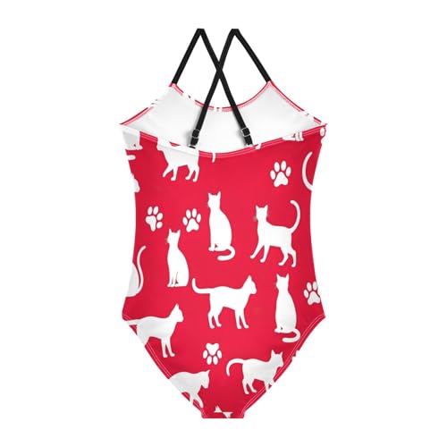 Kids Swim Suits Beach Apparel 3-10 Y with Adjustable Shoulder Strap, White Cat Paw Prints Red2