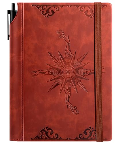 Image of CAGIE Compass Leather Journal Gift for Men - Vintage Writing Notebook with Pen, 100 GSM 288 Page Lined Journal A5 Hardcover, 180 Lay Flat, Daily, Travel, Office & Gift Idea