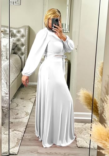 Image of Plus Size Women's 2 Piece Outfits Casual Long Sleeve Wrap Crop Top Maxi Long Dress Flowy Matching Sets